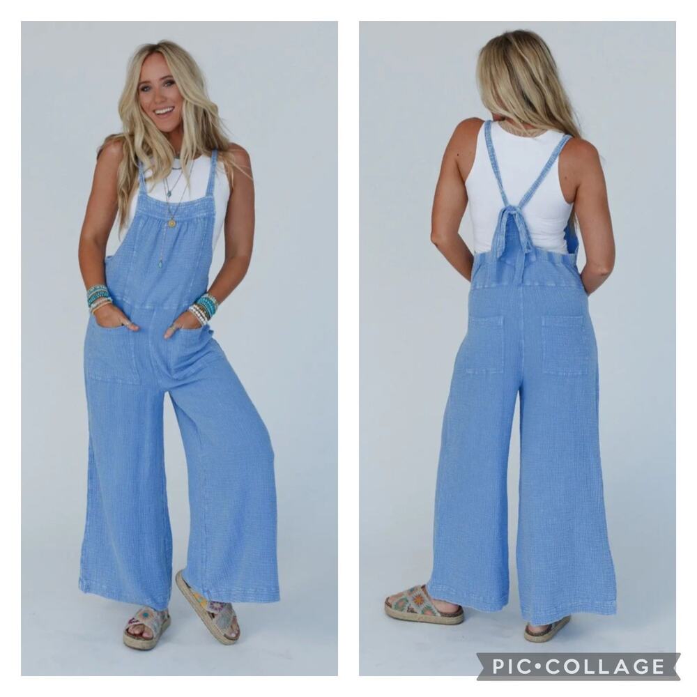 Three Bird Nest Coast To Coast Overalls Blue Cotton Gauzy Fabric Size XL